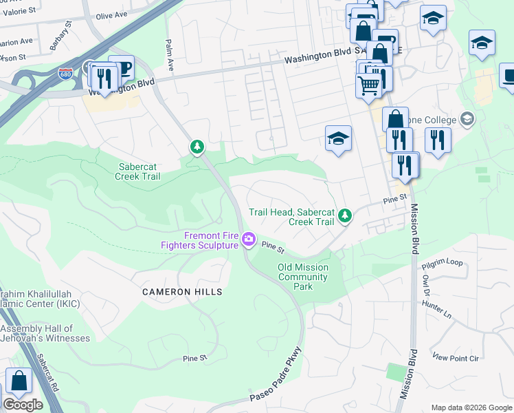 map of restaurants, bars, coffee shops, grocery stores, and more near 774 Excelso Ct in Fremont