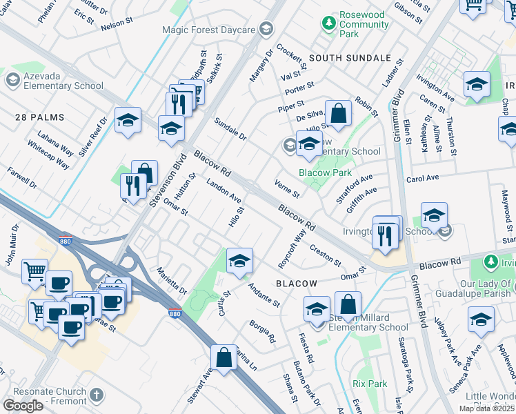 map of restaurants, bars, coffee shops, grocery stores, and more near 40422 Landon Avenue in Fremont