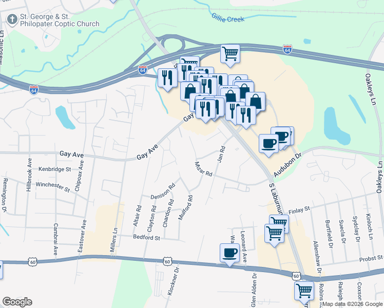 map of restaurants, bars, coffee shops, grocery stores, and more near 4510 Mizar Road in Richmond