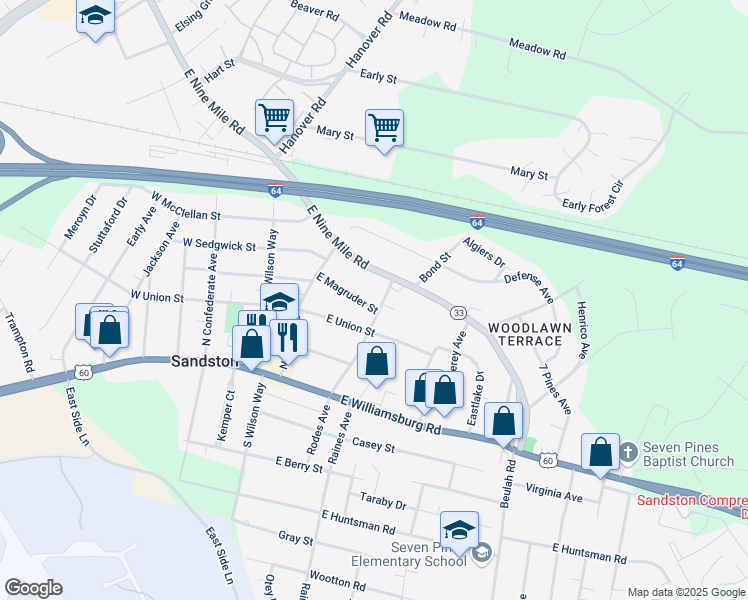 map of restaurants, bars, coffee shops, grocery stores, and more near 118 East Magruder Street in Sandston
