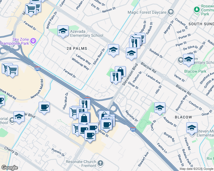 map of restaurants, bars, coffee shops, grocery stores, and more near 5584 Hemlock Terrace in Fremont