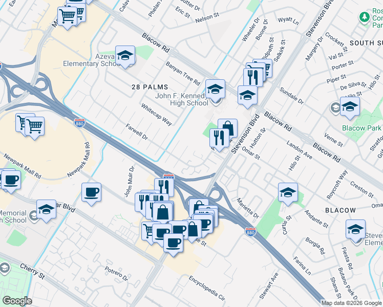 map of restaurants, bars, coffee shops, grocery stores, and more near 5604 Lemke Place in Fremont