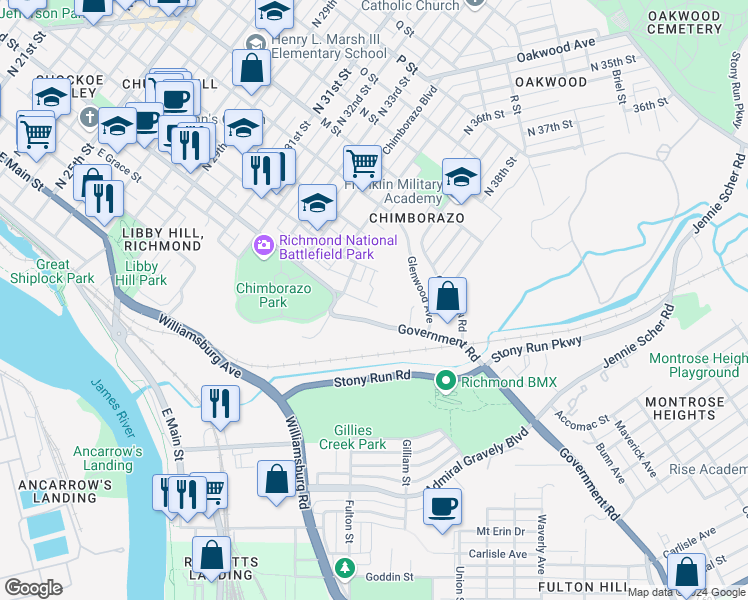 map of restaurants, bars, coffee shops, grocery stores, and more near 3622 East Broad Street in Richmond