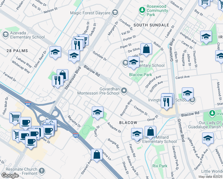 map of restaurants, bars, coffee shops, grocery stores, and more near 40422 Landon Avenue in Fremont