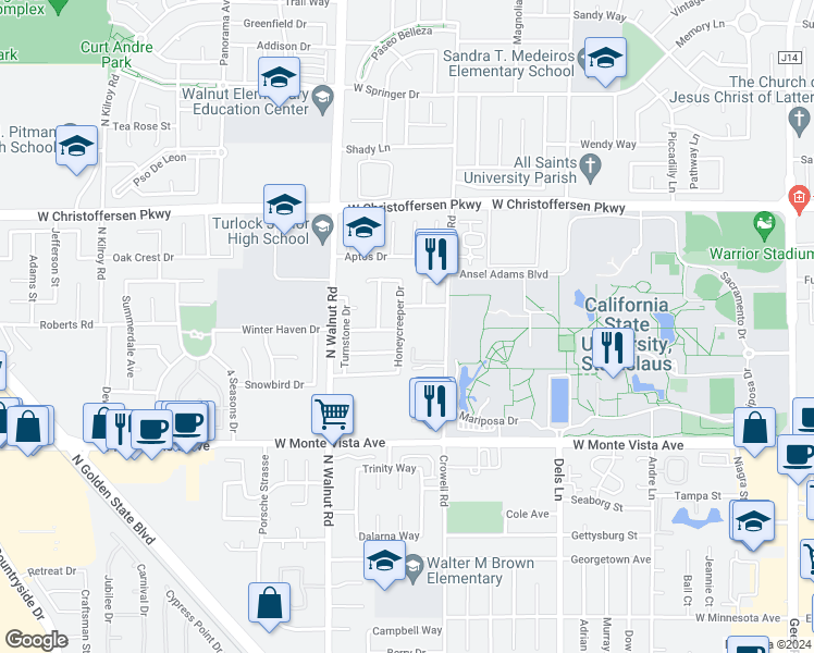 map of restaurants, bars, coffee shops, grocery stores, and more near 3680 Honeycreeper Drive in Turlock