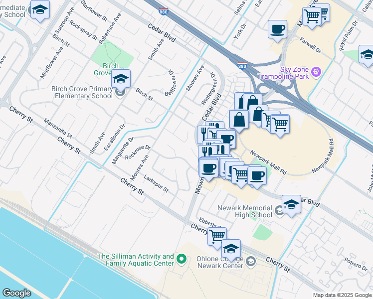 map of restaurants, bars, coffee shops, grocery stores, and more near 38801 Bluegrass Court in Newark