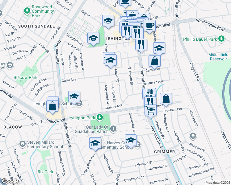 map of restaurants, bars, coffee shops, grocery stores, and more near 41732 Gifford Street in Fremont