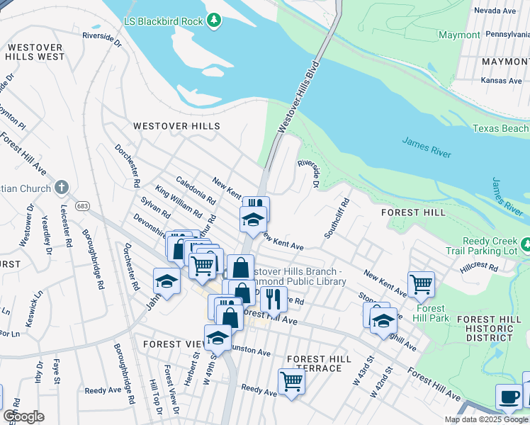 map of restaurants, bars, coffee shops, grocery stores, and more near 4917 New Kent Road in Richmond
