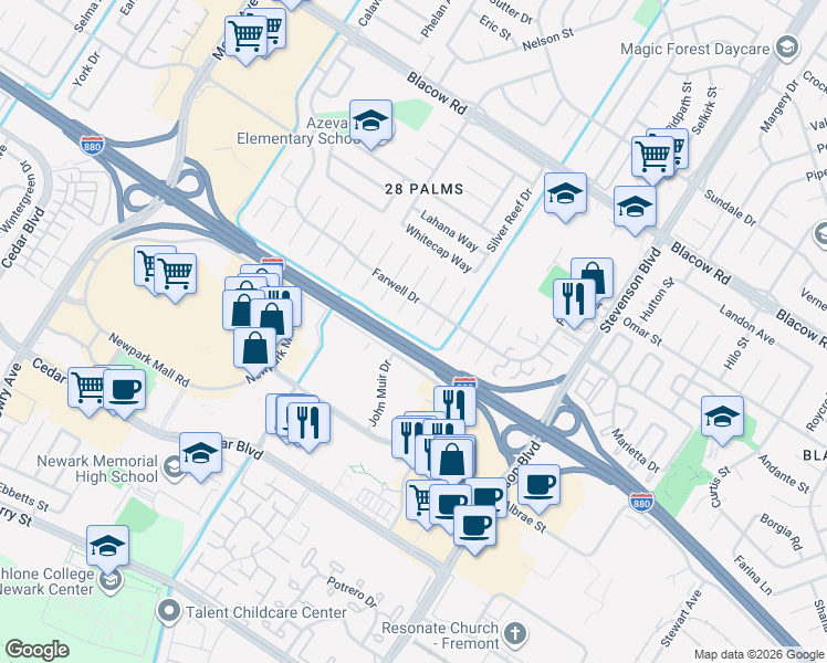 map of restaurants, bars, coffee shops, grocery stores, and more near 5706 Willkie Place in Fremont