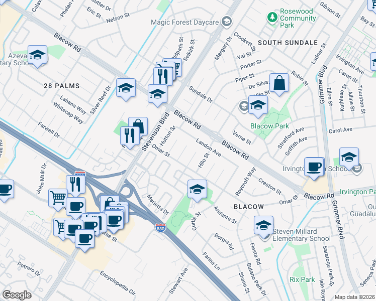 map of restaurants, bars, coffee shops, grocery stores, and more near 5048 Brian Ct in Fremont