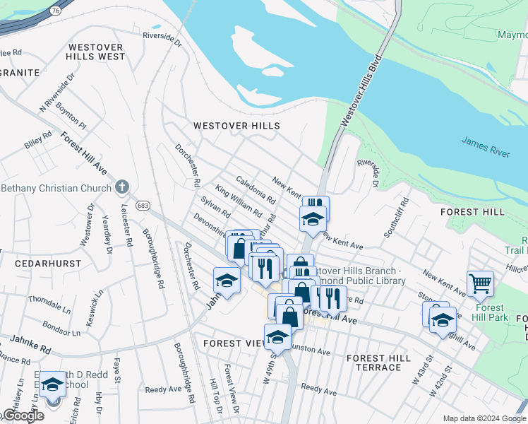 map of restaurants, bars, coffee shops, grocery stores, and more near 5105 King William Road in Richmond