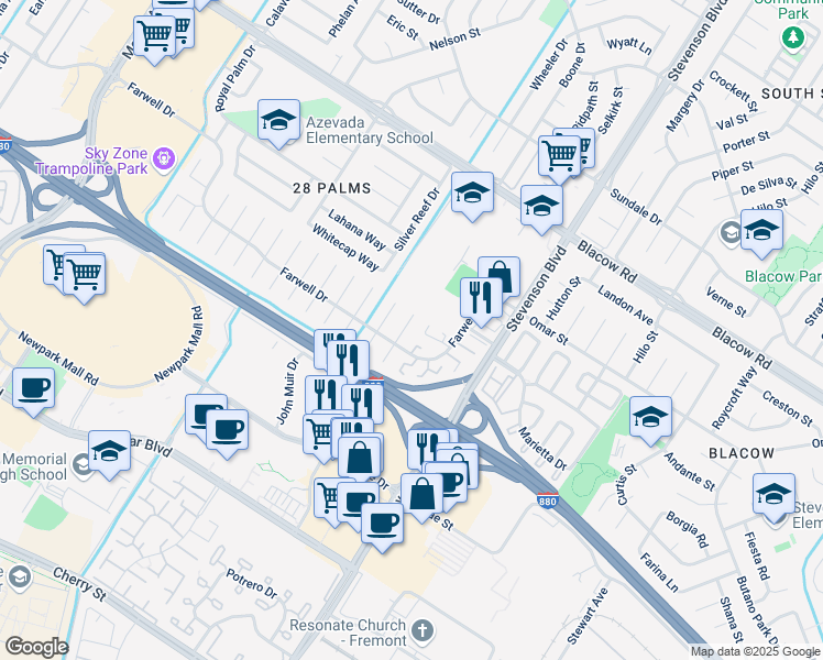 map of restaurants, bars, coffee shops, grocery stores, and more near 5604 Lemke Place in Fremont