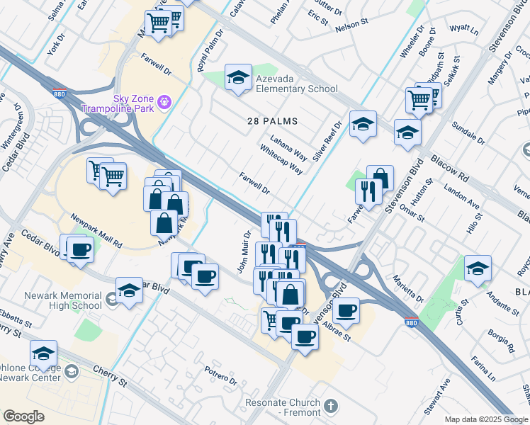 map of restaurants, bars, coffee shops, grocery stores, and more near 5706 Willkie Place in Fremont