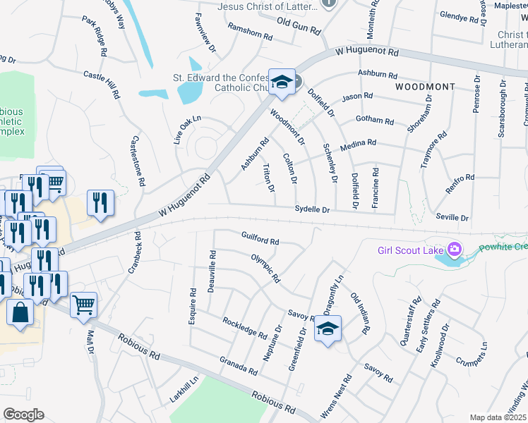 map of restaurants, bars, coffee shops, grocery stores, and more near 11009 Sydelle Drive in Richmond