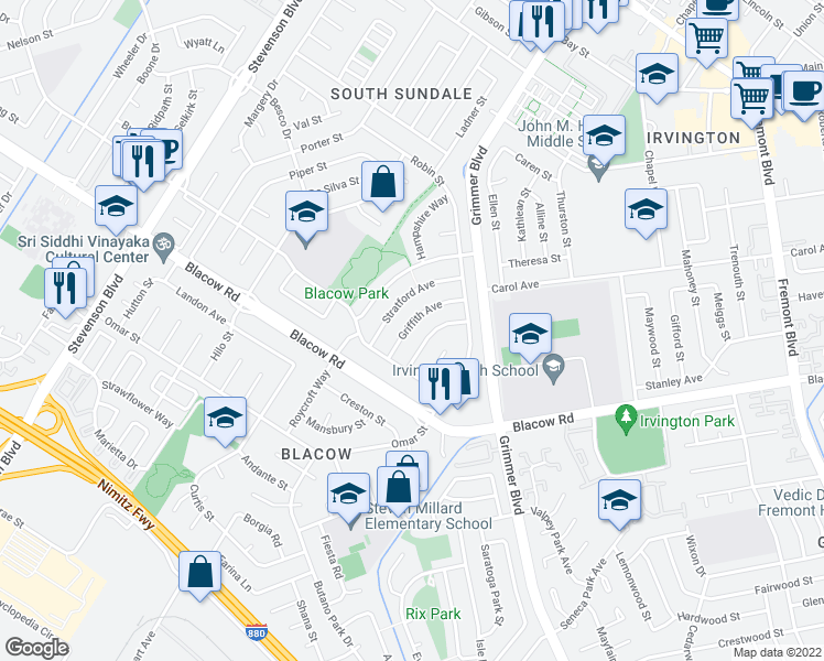 map of restaurants, bars, coffee shops, grocery stores, and more near 4746 Griffith Avenue in Fremont