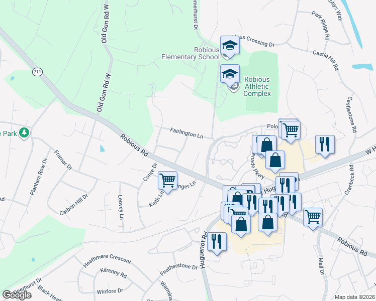 map of restaurants, bars, coffee shops, grocery stores, and more near 2501 Wildercroft Road in Midlothian