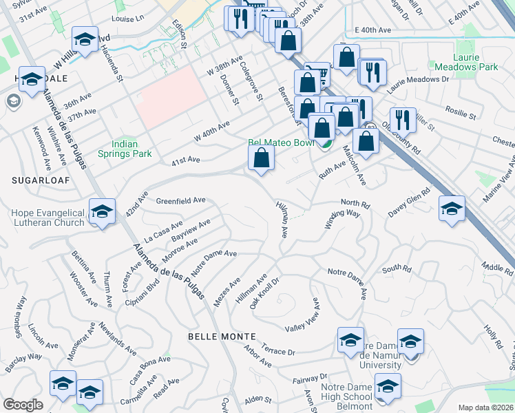 map of restaurants, bars, coffee shops, grocery stores, and more near 1807 Mezes Avenue in Belmont