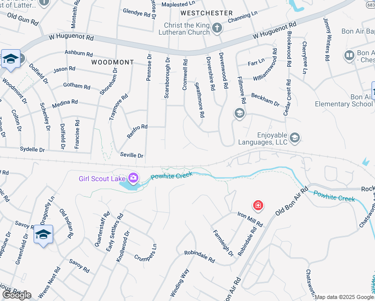 map of restaurants, bars, coffee shops, grocery stores, and more near 9909 Chancellor Place in Richmond
