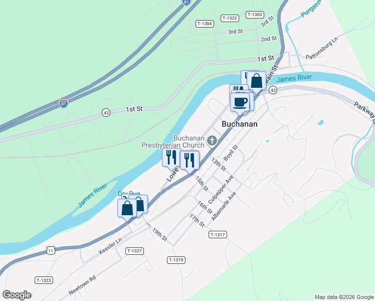 map of restaurants, bars, coffee shops, grocery stores, and more near 259 Lowe Street in Buchanan