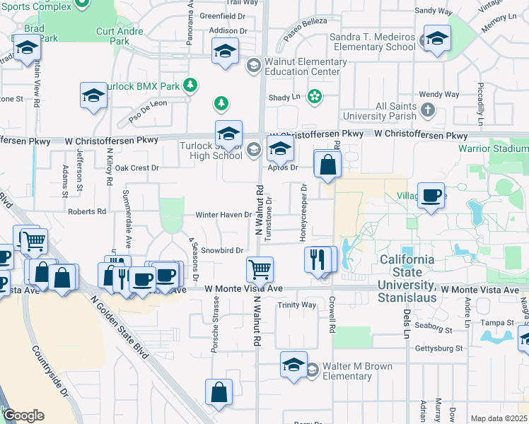 map of restaurants, bars, coffee shops, grocery stores, and more near 3681 Turnstone Drive in Turlock