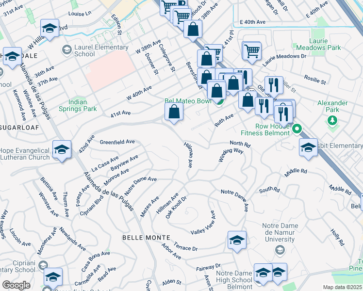 map of restaurants, bars, coffee shops, grocery stores, and more near 1802 Hillman Avenue in Belmont