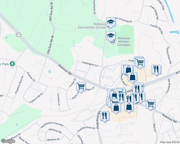 map of restaurants, bars, coffee shops, grocery stores, and more near 2501 Wildercroft Road in Midlothian