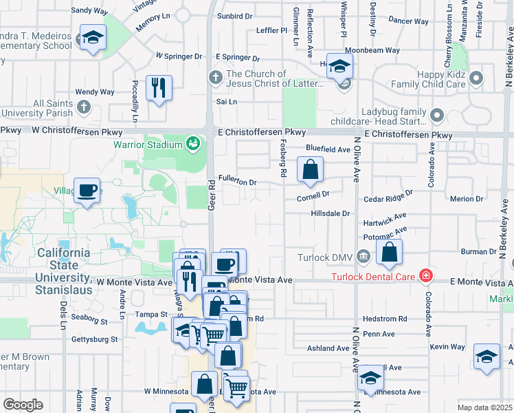 map of restaurants, bars, coffee shops, grocery stores, and more near 3560 Roanoke Court in Turlock