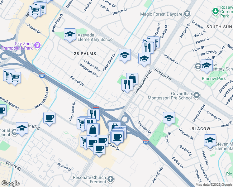 map of restaurants, bars, coffee shops, grocery stores, and more near 5580 Hemlock Terrace in Fremont