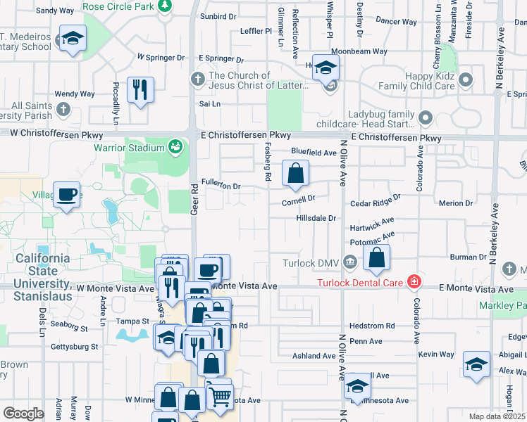 map of restaurants, bars, coffee shops, grocery stores, and more near 3565 Fosberg Road in Turlock