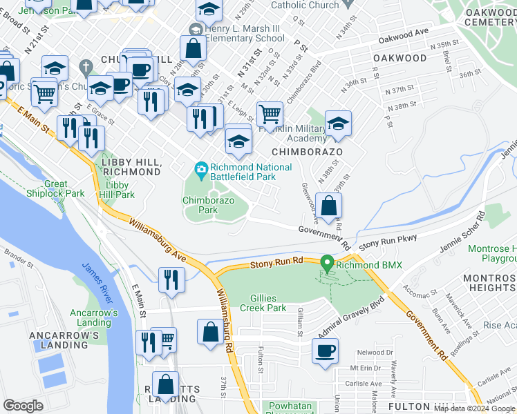 map of restaurants, bars, coffee shops, grocery stores, and more near 215 North 36th Street in Richmond