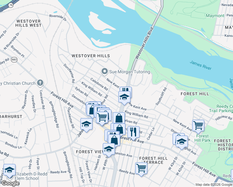 map of restaurants, bars, coffee shops, grocery stores, and more near 5017 Caledonia Road in Richmond
