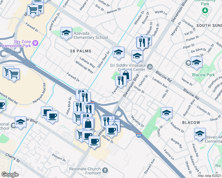 map of restaurants, bars, coffee shops, grocery stores, and more near 5580 Hemlock Terrace in Fremont