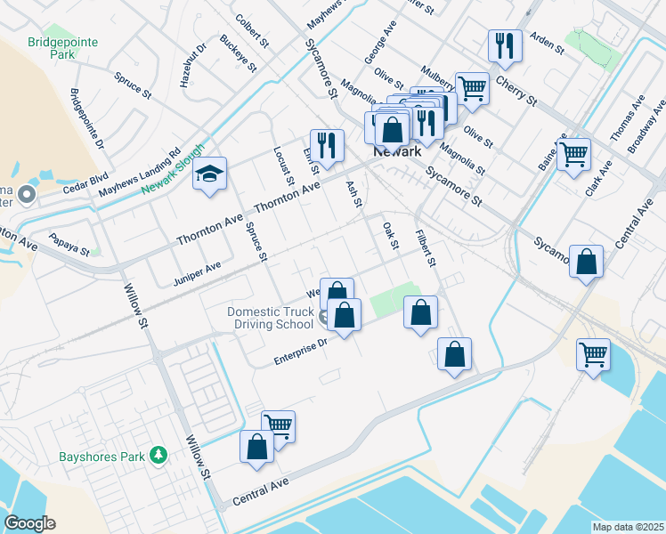 map of restaurants, bars, coffee shops, grocery stores, and more near 37234 Locust Street in Newark