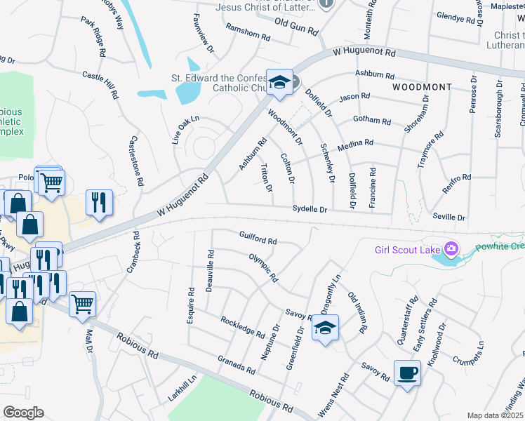 map of restaurants, bars, coffee shops, grocery stores, and more near 11009 Sydelle Drive in Richmond