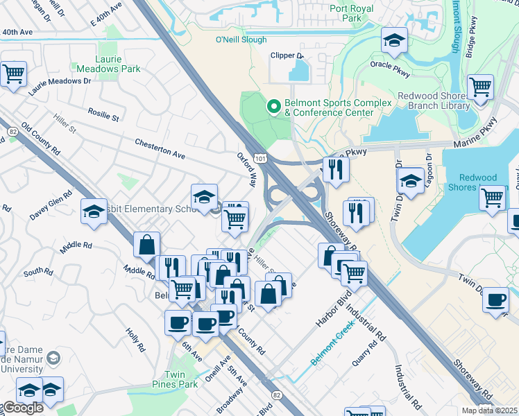 map of restaurants, bars, coffee shops, grocery stores, and more near 407 Wessex Way in Belmont