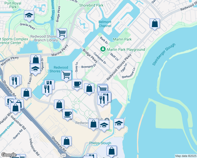 map of restaurants, bars, coffee shops, grocery stores, and more near 554 Lanyard Drive in Redwood City