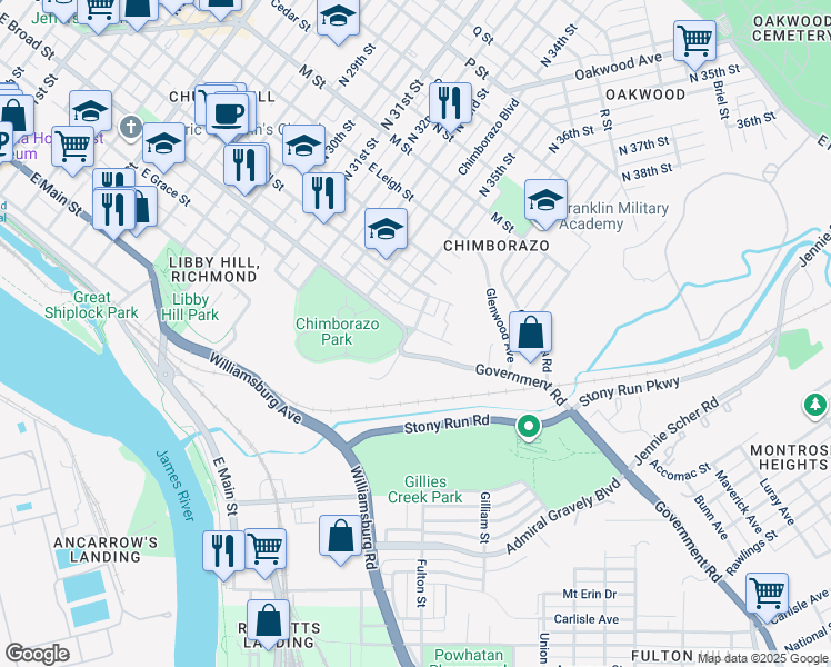 map of restaurants, bars, coffee shops, grocery stores, and more near 215 North 36th Street in Richmond