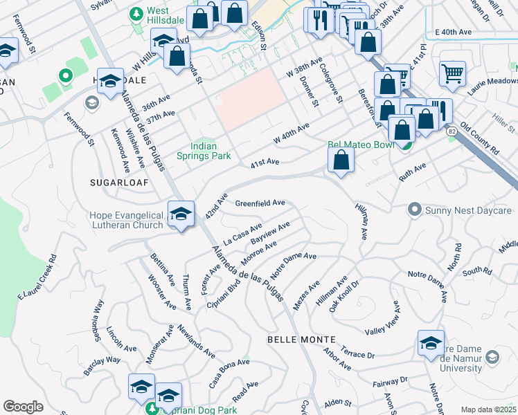 map of restaurants, bars, coffee shops, grocery stores, and more near 279 Greenfield Avenue in San Mateo