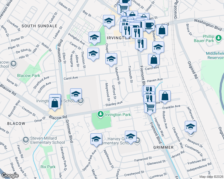 map of restaurants, bars, coffee shops, grocery stores, and more near 41732 Gifford Street in Fremont