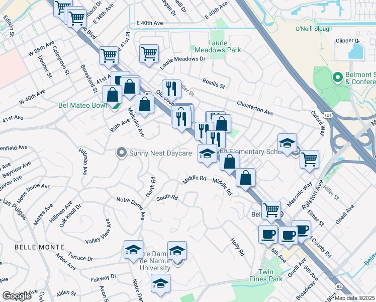 map of restaurants, bars, coffee shops, grocery stores, and more near 19 Loma Vista Lane in Belmont