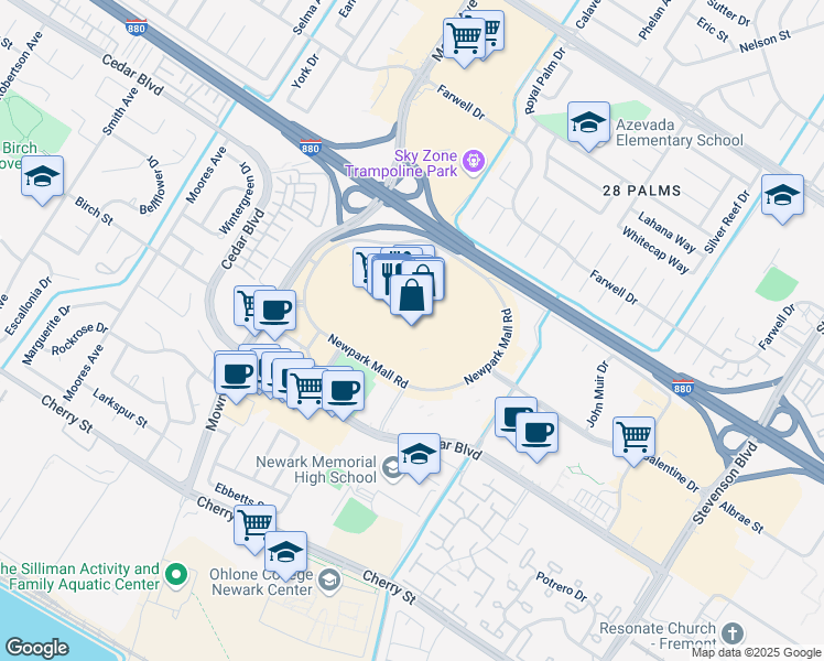 map of restaurants, bars, coffee shops, grocery stores, and more near 1081 Newpark Mall Road in Newark