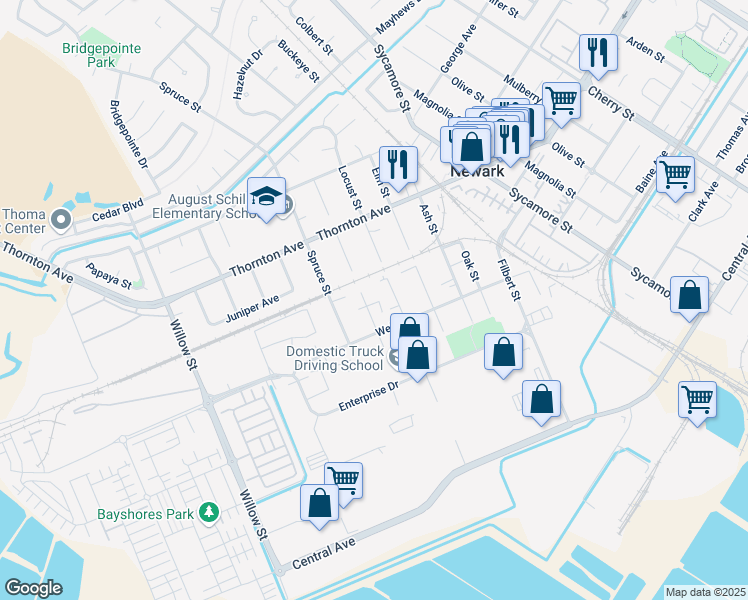 map of restaurants, bars, coffee shops, grocery stores, and more near 37168 Walnut Street in Newark