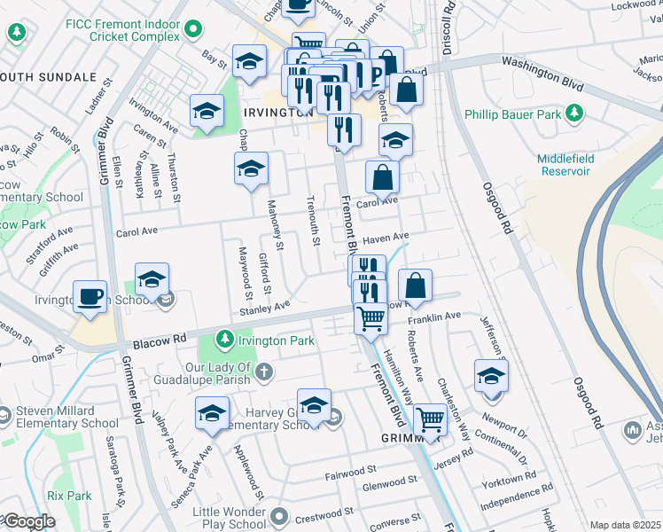 map of restaurants, bars, coffee shops, grocery stores, and more near 4085 Stanley Avenue in Fremont