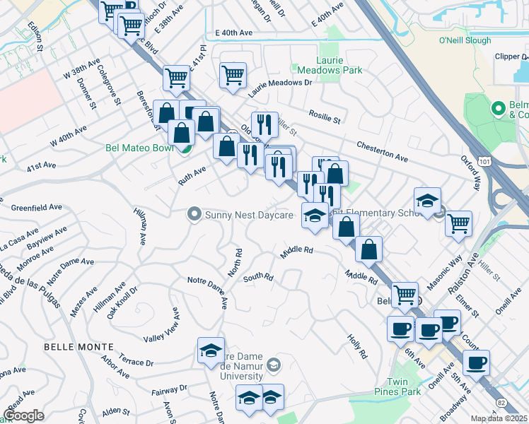 map of restaurants, bars, coffee shops, grocery stores, and more near Davey Glen Road in Belmont