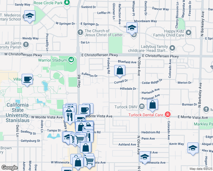 map of restaurants, bars, coffee shops, grocery stores, and more near 3565 Fosberg Road in Turlock