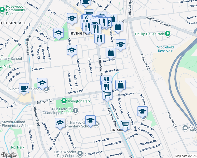 map of restaurants, bars, coffee shops, grocery stores, and more near 4085 Stanley Avenue in Fremont