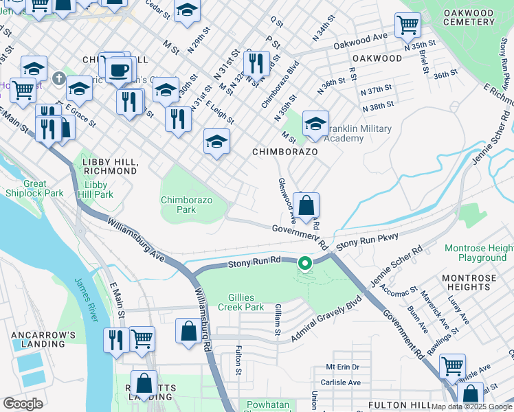 map of restaurants, bars, coffee shops, grocery stores, and more near 3622 East Broad Street in Richmond