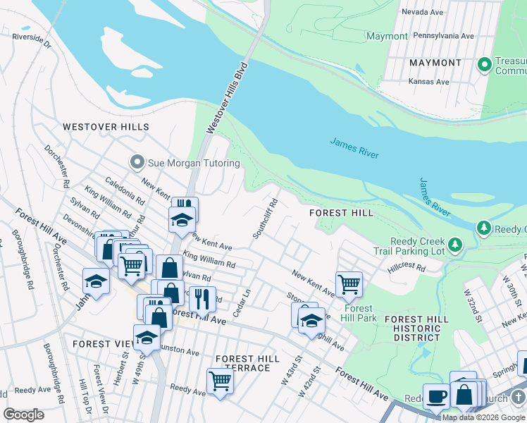 map of restaurants, bars, coffee shops, grocery stores, and more near 1917 Southcliff Road in Richmond
