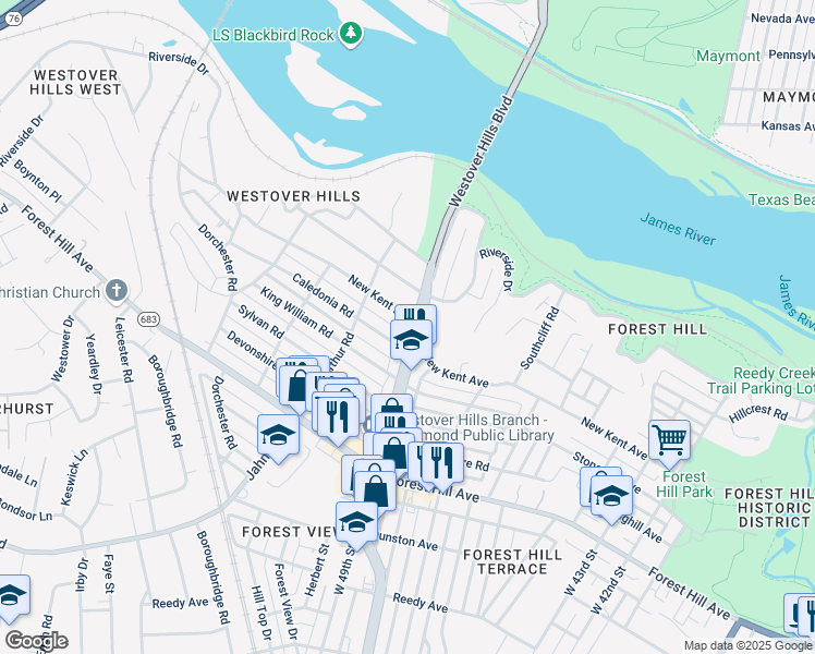 map of restaurants, bars, coffee shops, grocery stores, and more near 5000 New Kent Avenue in Richmond