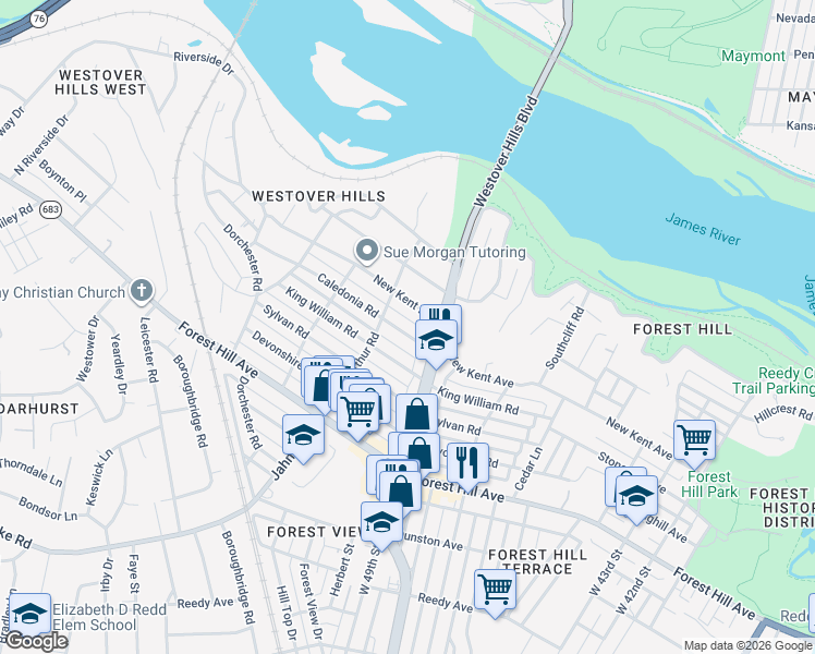 map of restaurants, bars, coffee shops, grocery stores, and more near 5017 Caledonia Road in Richmond